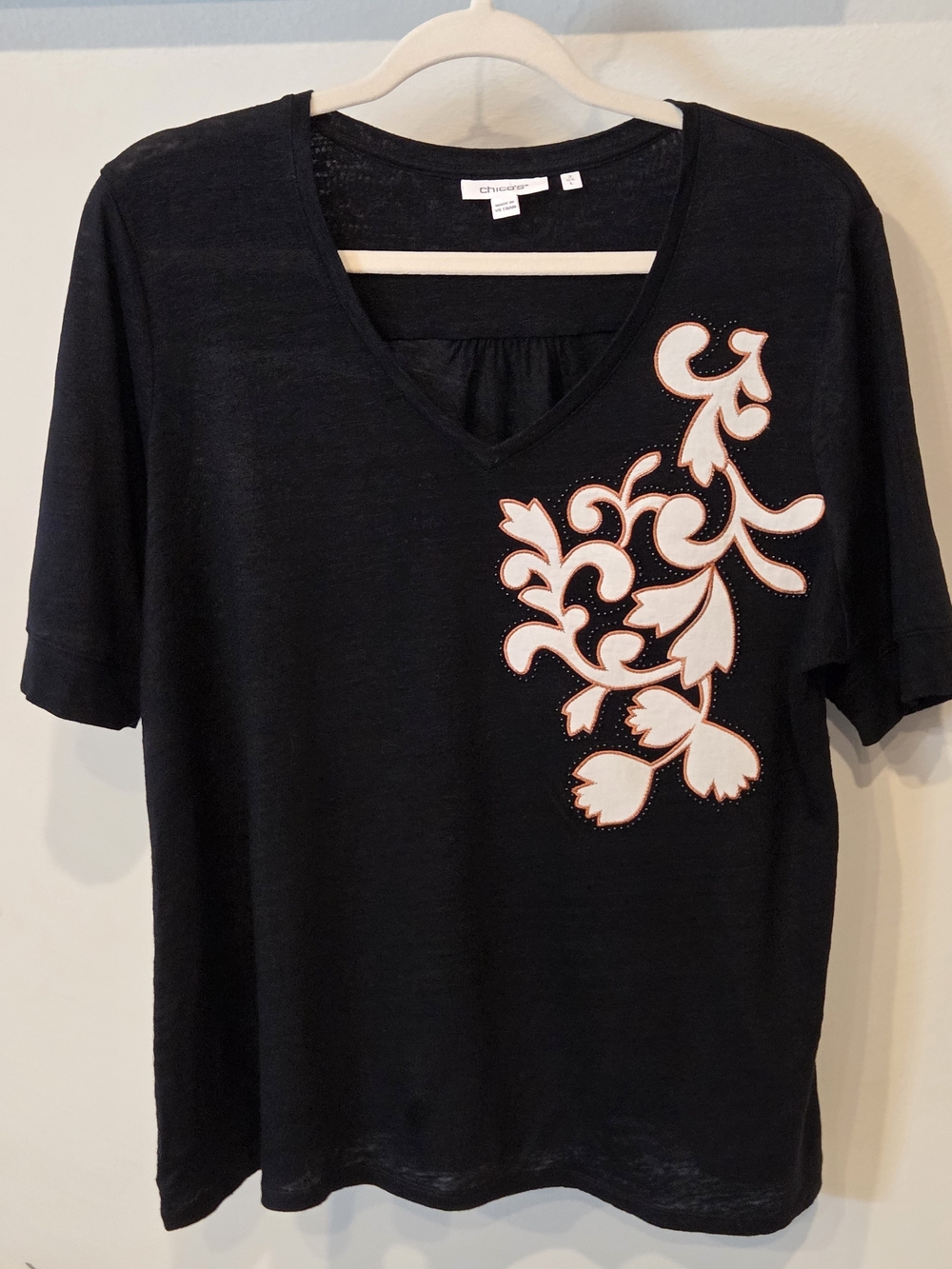 Chico's Black V-Neck Tee with White Floral Scroll Applique